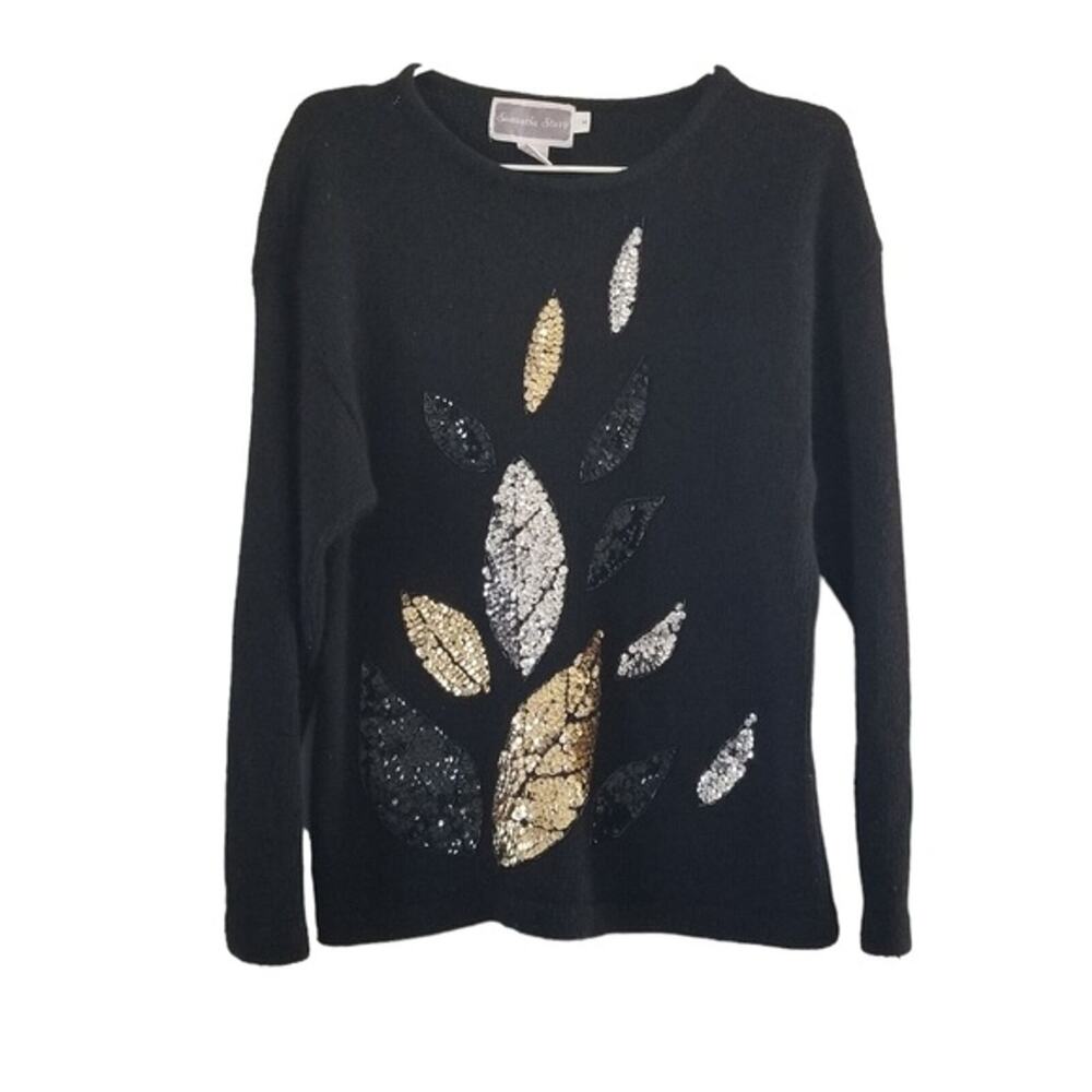 Vintage Black Sequin Leaf Silk Sweater by Samantha Starr size MEDIUM
